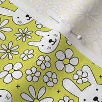 Cute spring blossom floral bunnies cutesie kids design with daisies and bunny on lime green nineties palette 