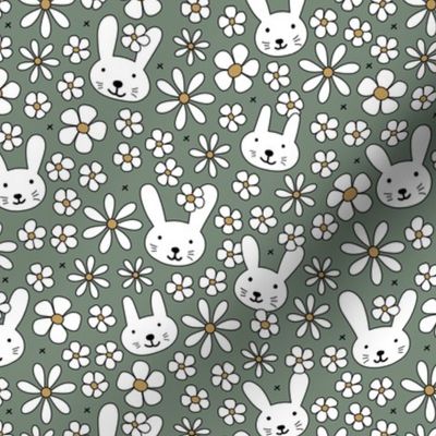 Cute spring blossom floral bunnies cutesie kids design with daisies and bunny on olive green