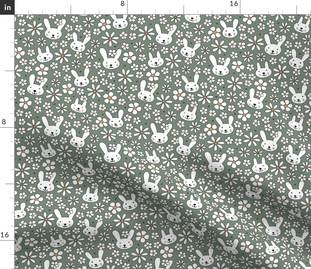 Cute spring blossom floral bunnies cutesie kids design with daisies and bunny on olive green