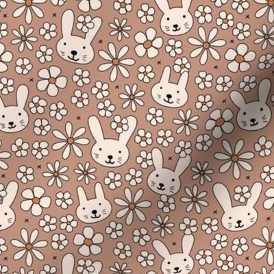 Cute spring blossom floral bunnies cutesie kids design with daisies and bunny vintage seventies beige tan brown palette