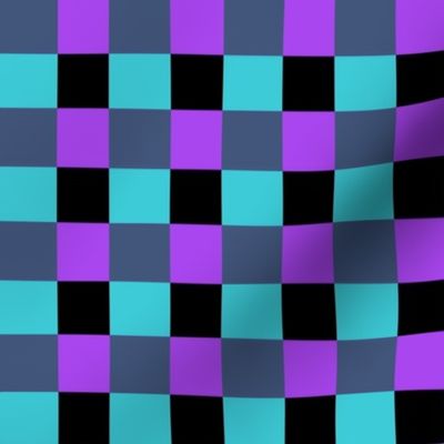 Retro Floral Joy - Checks - Compliment - Aqua, Bright Lilac, Uniform Blue, Black - 42567b, a946ef, 3dcbd7