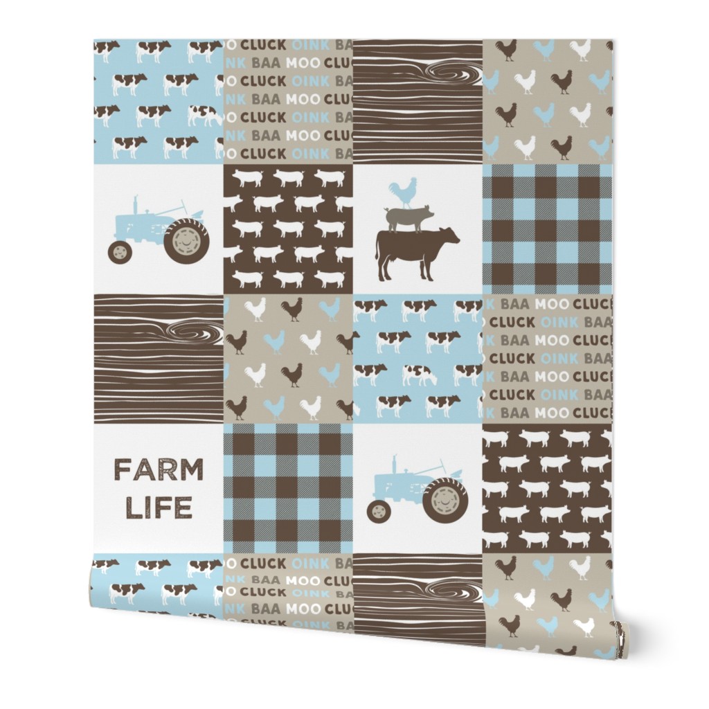 Farm Life Wholecloth - Farm themed patchwork fabric - cows, pigs, roosters - baby blue and brown C22