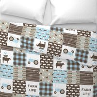 Farm Life Wholecloth - Farm themed patchwork fabric - cows, pigs, roosters - baby blue and brown C22
