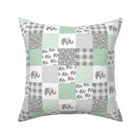 Elephant nursery patchwork elephants and abstract bubbles plaid dots and waves baby design neutral green mint gray