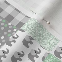 Elephant nursery patchwork elephants and abstract bubbles plaid dots and waves baby design neutral green mint gray