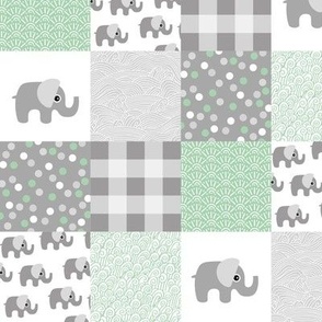 Elephant nursery patchwork elephants and abstract bubbles plaid dots and waves baby design neutral green mint gray