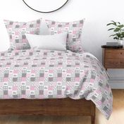 Elephant nursery patchwork elephants and abstract bubbles plaid dots and waves baby design pink girls gray