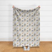 Elephant nursery patchwork elephants and abstract bubbles plaid dots and waves baby design beige caramel gray neutral