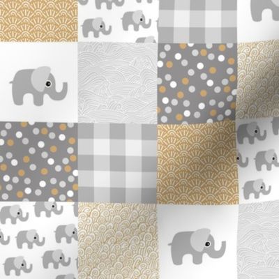 Elephant nursery patchwork elephants and abstract bubbles plaid dots and waves baby design beige caramel gray neutral