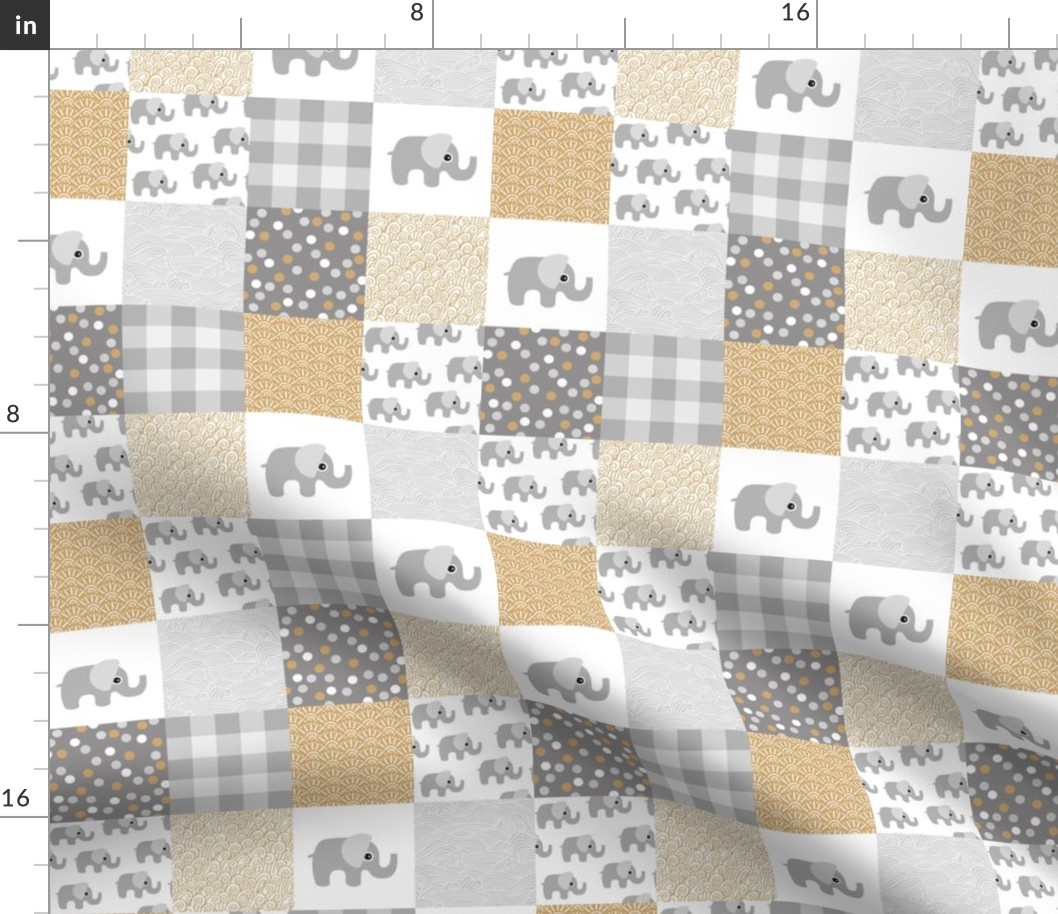 Elephant nursery patchwork elephants and abstract bubbles plaid dots and waves baby design beige caramel gray neutral