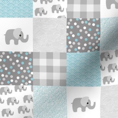 Elephant nursery patchwork elephants and abstract bubbles plaid dots and waves baby design blue gray white  