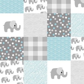 Elephant nursery patchwork elephants and abstract bubbles plaid dots and waves baby design blue gray white  