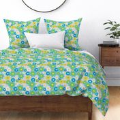 70s Retro Flower Power Blue Green White and Yellow Daisy