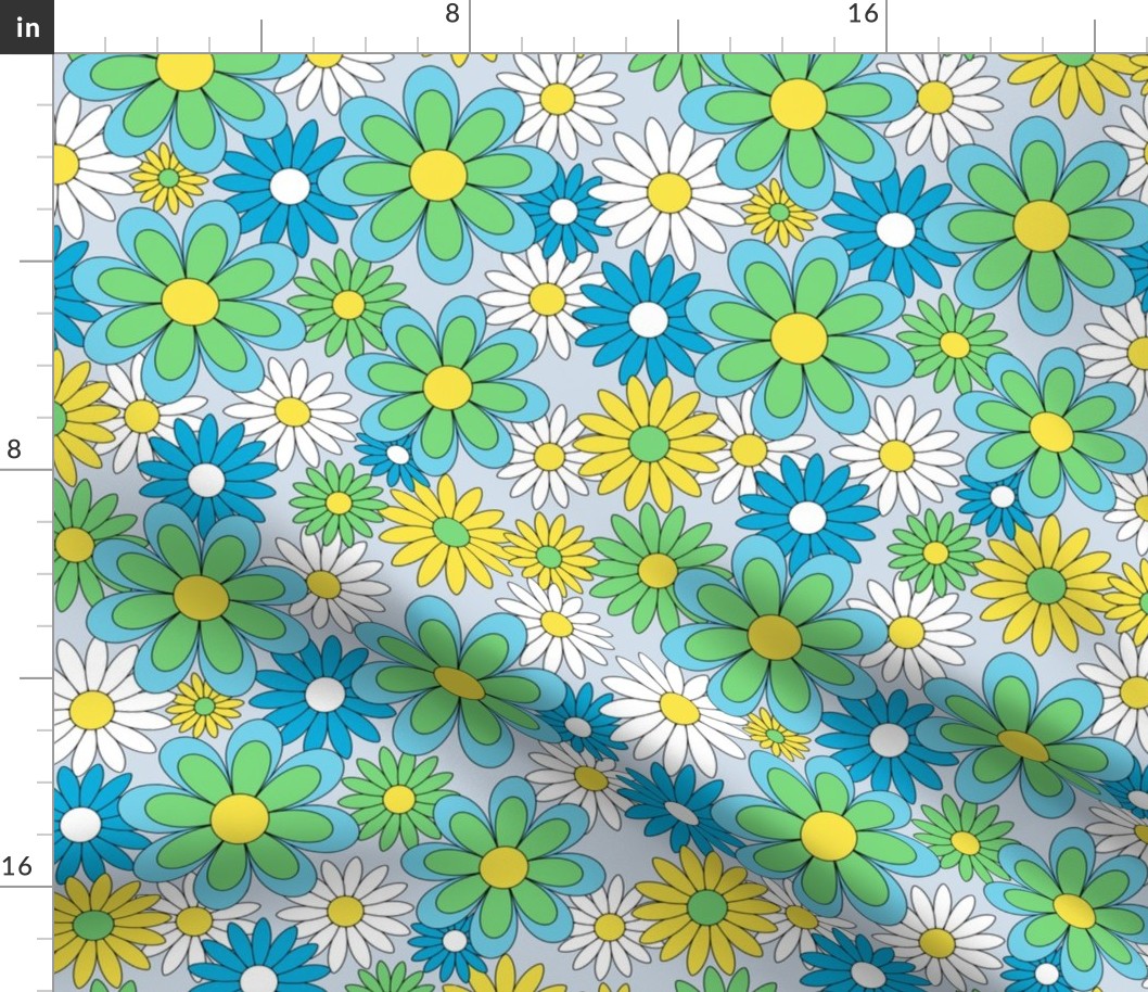 70s Retro Flower Power Blue Green White and Yellow Daisy