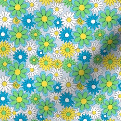 70s Mini Retro Flower Power Blue Green White and Yellow Daisy