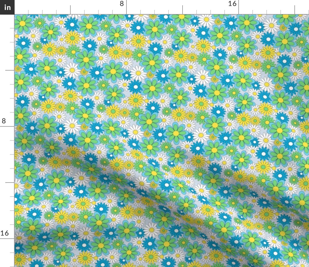 70s Mini Retro Flower Power Blue Green White and Yellow Daisy