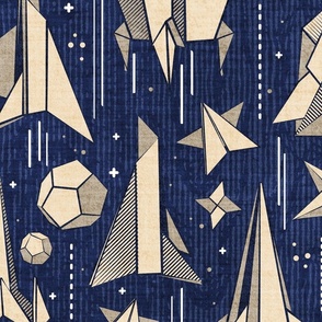 Large jumbo scale // Reaching for the stars // navy blue background ivory origami paper asteroids stars and space ships traveling light speed