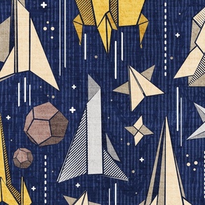 Large jumbo scale // Reaching for the stars // navy blue background ivory grey brown and yellow origami paper asteroids stars and space ships traveling light speed