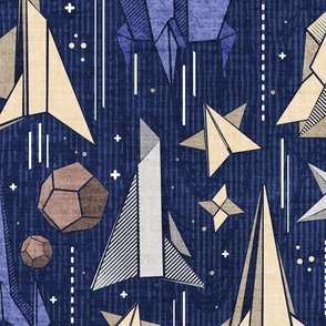 Large jumbo scale // Reaching for the stars // navy blue background ivory grey brown and blue origami paper asteroids stars and space ships traveling light speed