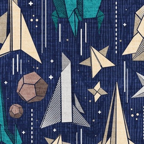 Large jumbo scale // Reaching for the stars // navy blue background ivory grey brown and teal origami paper asteroids stars and space ships traveling light speed