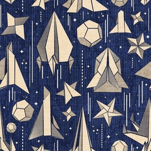 Normal scale // Reaching for the stars // navy blue background ivory origami paper asteroids stars and space ships traveling light speed