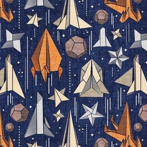 Reaching for the stars // small scale // navy blue background ivory grey brown and orange origami paper asteroids stars and space ships traveling light speed