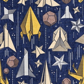 Normal scale // Reaching for the stars // navy blue background ivory grey brown and yellow origami paper asteroids stars and space ships traveling light speed