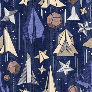 Normal scale // Reaching for the stars // navy blue background ivory grey brown and blue origami paper asteroids stars and space ships traveling light speed