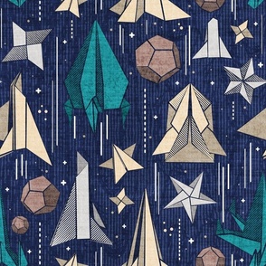 Normal scale // Reaching for the stars // navy blue background ivory grey brown and teal origami paper asteroids stars and space ships traveling light speed