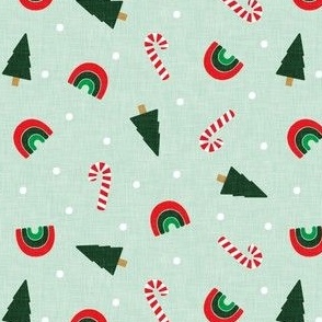 holiday rainbows - christmas tree, candy canes, rainbows - green and red on mint - LAD22