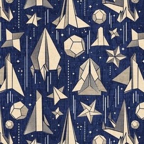 Small scale // Reaching for the stars // navy blue background ivory origami paper asteroids stars and space ships traveling light speed