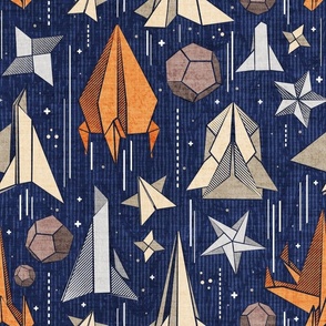 Normal scale // Reaching for the stars // navy blue background ivory grey brown and orange origami paper asteroids stars and space ships traveling light speed