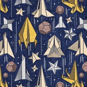 Small scale // Reaching for the stars // navy blue background ivory grey brown and yellow origami paper asteroids stars and space ships traveling light speed