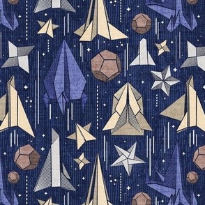 Small scale // Reaching for the stars // navy blue background ivory grey brown and blue origami paper asteroids stars and space ships traveling light speed