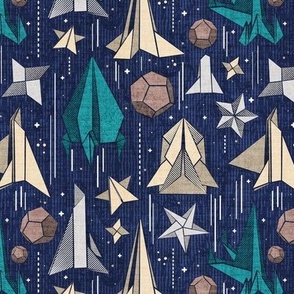 Small scale // Reaching for the stars // navy blue background ivory grey brown and teal origami paper asteroids stars and space ships traveling light speed