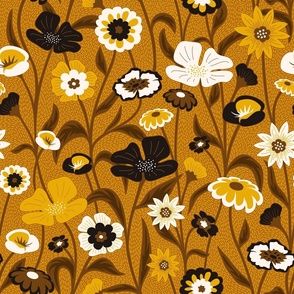 Retro Flowers on Sunny Yellow Background
