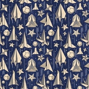 Tiny scale // Reaching for the stars // navy blue background ivory origami paper asteroids stars and space ships traveling light speed