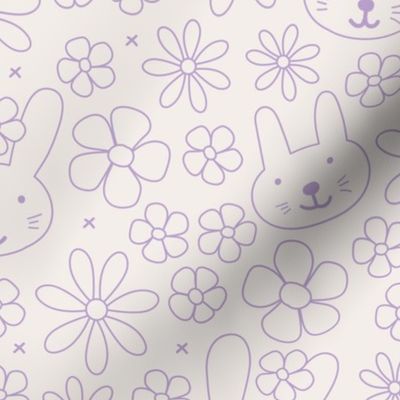 Cute spring blossom floral bunnies cutesie kids design with daisies and bunny vintage minimalist nursery outline wallpaper LARGE lilac