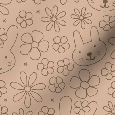 Cute spring blossom floral bunnies cutesie kids design with daisies and bunny vintage minimalist nursery outline wallpaper LARGE tan beige