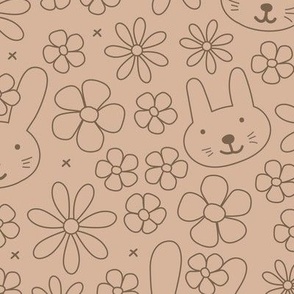 Cute spring blossom floral bunnies cutesie kids design with daisies and bunny vintage minimalist nursery outline wallpaper LARGE tan beige