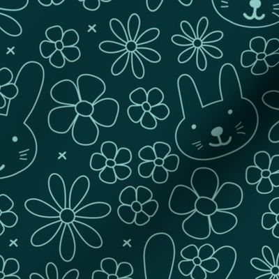 Cute spring blossom floral bunnies cutesie kids design with daisies and bunny vintage minimalist nursery outline wallpaper LARGE teal on deep green