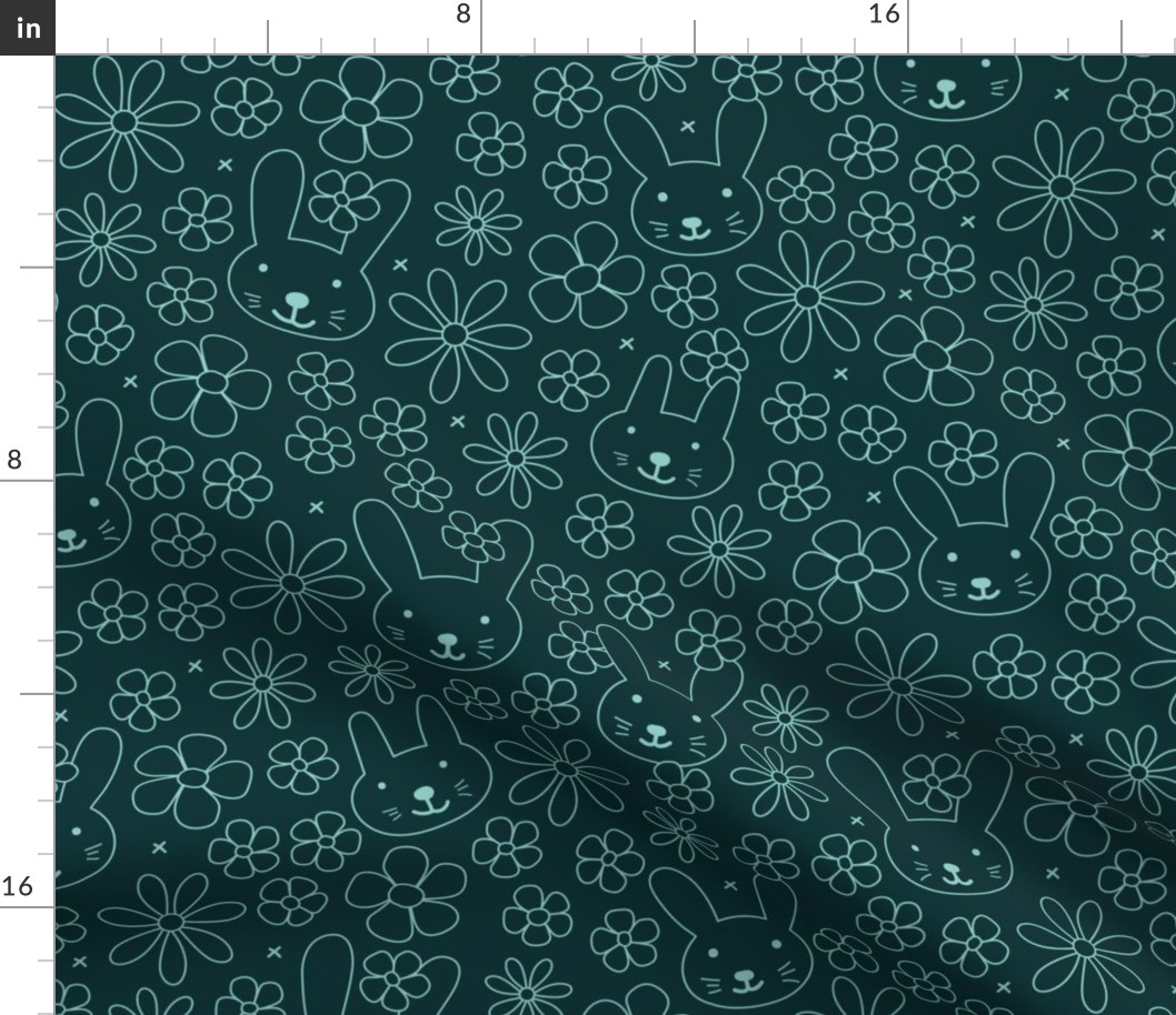 Cute spring blossom floral bunnies cutesie kids design with daisies and bunny vintage minimalist nursery outline wallpaper LARGE teal on deep green