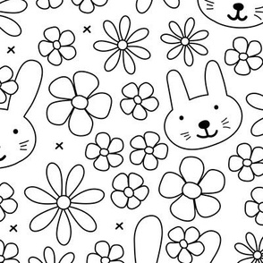 Cute spring blossom floral bunnies cutesie kids design with daisies and bunny vintage minimalist nursery outline wallpaper LARGE monochrome black on white
