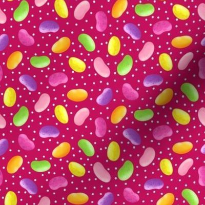 Colorful Jelly Beans on a Bright Red Background with Polka Dots