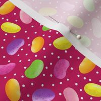 Colorful Jelly Beans on a Bright Red Background with Polka Dots