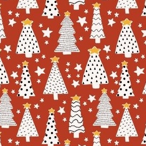 Funky mod Christmas Trees on red with black and white