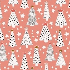 Funky modern Christmas trees on bright pink with black and white