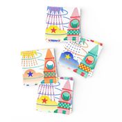 Rocket Cats- Space Cat- White Background Medium- Rocketship- Intergalactic- Multicolored Space Exploration - Science- Pets- Novelty Kids Wallpaper