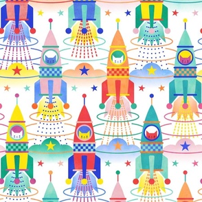 Rocket Cats- Space Cat- White Background Medium- Rocketship- Intergalactic- Multicolored Space Exploration - Science- Pets- Novelty Kids Wallpaper