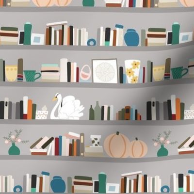  Book Shelves with Pumpkin, Swan and Objects